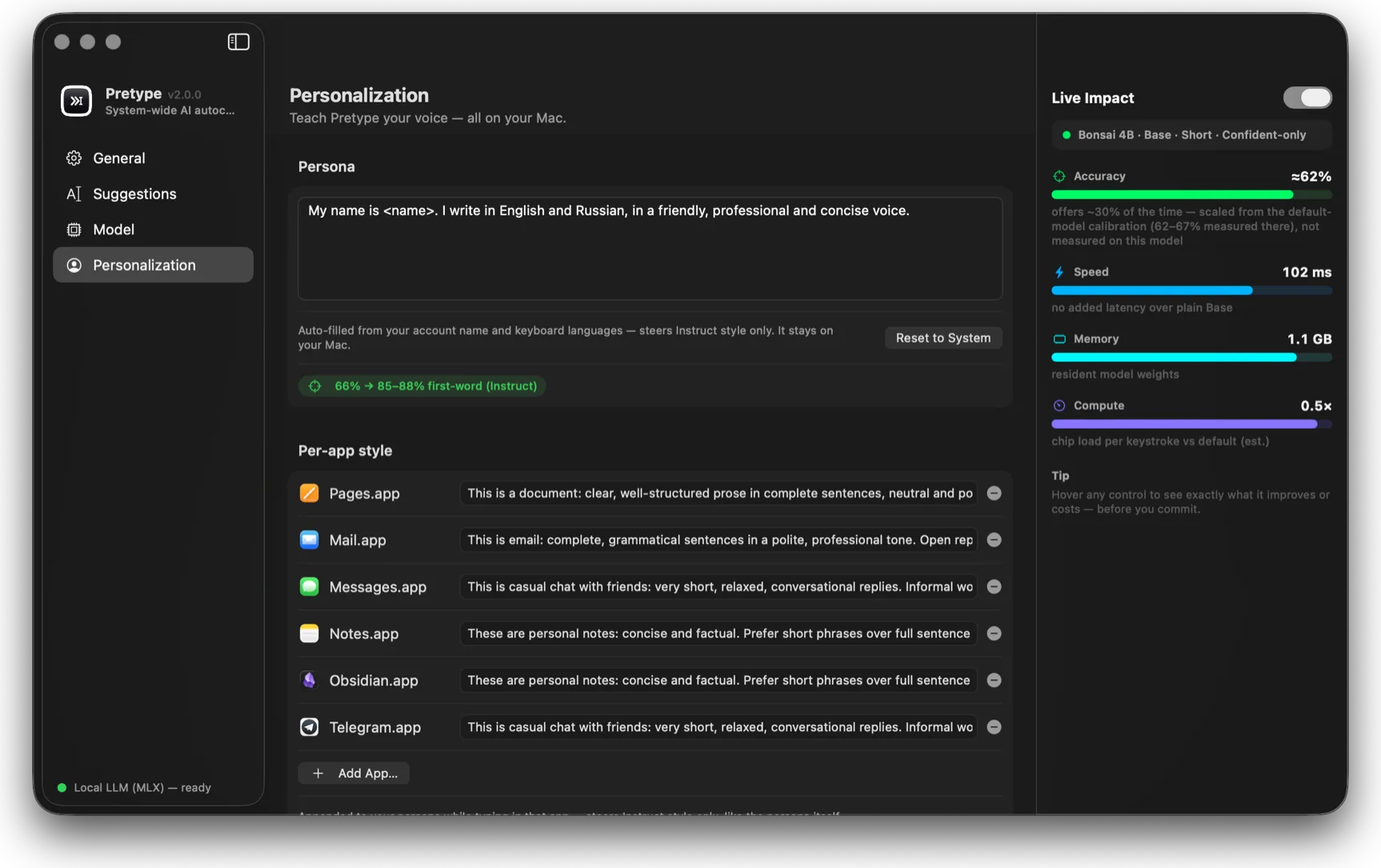 Pretype settings, Personalization pane: persona text and per-app style prompts for Mail, Messages and Notes.