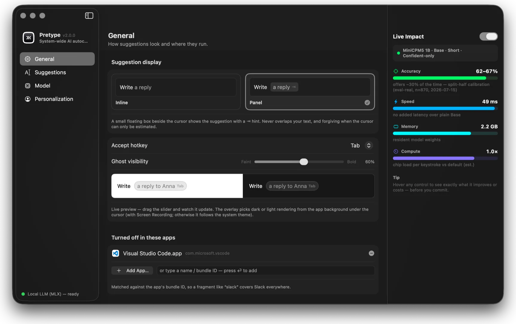 Pretype settings, General pane: suggestion display modes, accept hotkey, ghost visibility slider and per-app exclusions.