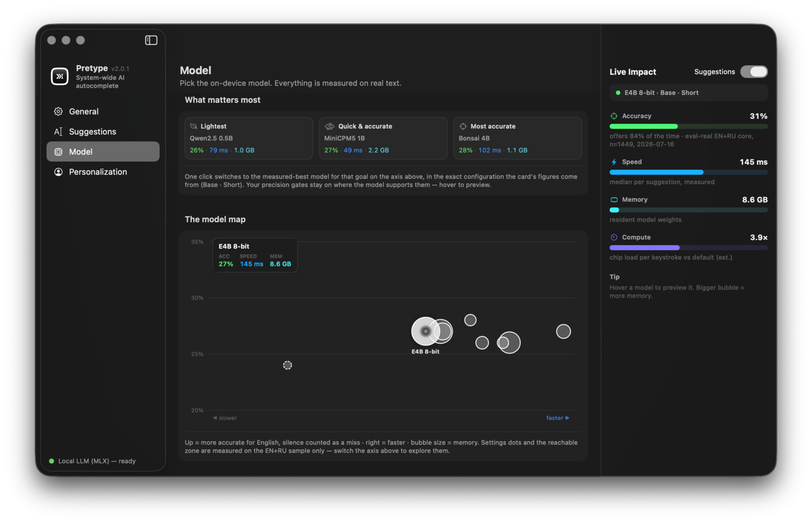 Model tab: an interactive speed by accuracy map of the catalog with eval-backed presets and a ranked list